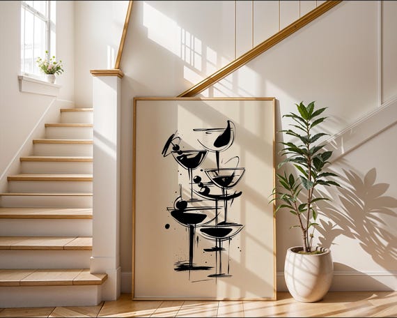 Cocktail Bar Art Print | Minimalist Ink Glass Poster | Modern Martini Wall Decor | Black and Cream Lounge Illustration | Mixology Gift Idea