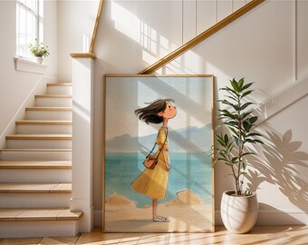Whimsical Girl Poster | Seaside Travel Art Print | Coastal Watercolor Decor | Ocean Breeze Illustration | Cute Vacation Wall Art | Gift