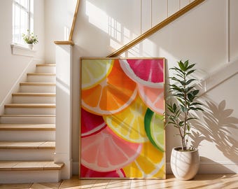 Citrus Fruit Art Print | Colourful Kitchen Wall Decor | Modern Fruit Canvas Painting | Lemon Lime Orange Poster | Vibrant Tropical Kitchen
