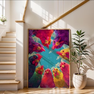 Funny Colourful Chickens Art Print | Gossiping Birds Illustration | Vibrant Farmhouse Wall Decor | Quirky Hen Poster | Country Kitchen Gift