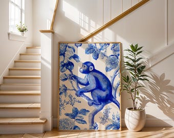 Vintage Blue Monkey Art Print | Chinoiserie Floral Wall Decor | Monochrome Botanical Illustration | Classic Blue and White Aesthetic Poster