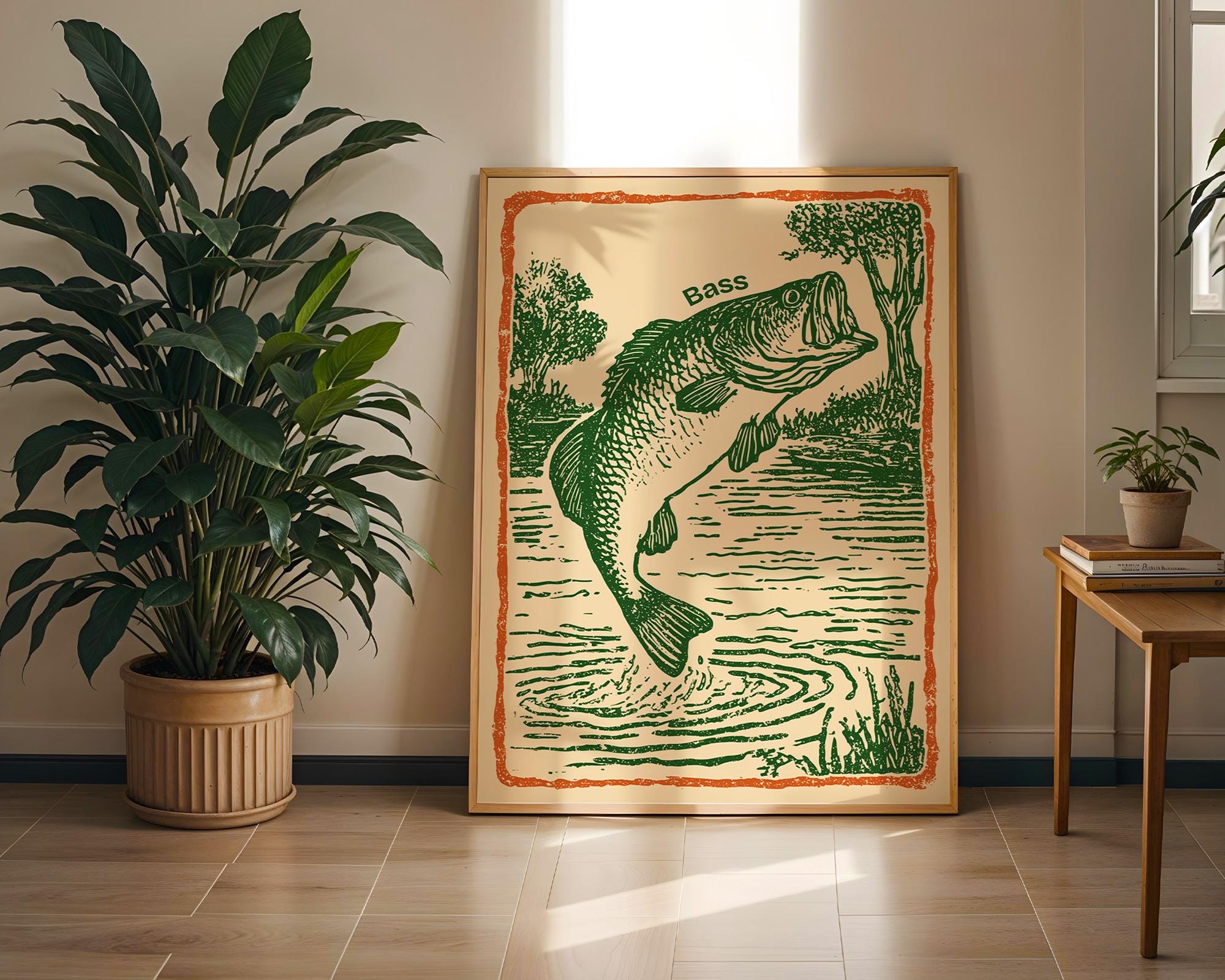 Vintage Bass Fishing Art Print | Retro Woodcut Style Fisherman Gift ...