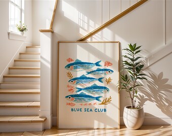 Blue Sea Club Print | Coastal Sardine Poster | Crayola Style Fish Art | Nautical Kitchen Decor | Cute Blue Fish Art | Beach House Gift