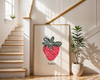 La Fraise Strawberry Art Print | Red Fruit Illustration Poster | French Kitchen Wall Decor | Modern Stipple Poster | Cute Berry Gift