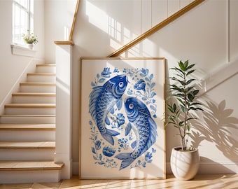 Pisces Zodiac Art Print | Blue Koi Fish Illustration | Aesthetic Star Sign Poster | Coastal Chinoiserie Wall Decor | Astrology Gift for Her