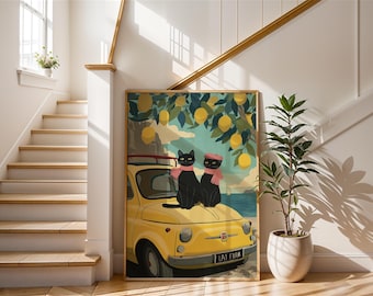 Black Cat Art Print | Vintage Yellow Car Poster | Italian Coast Wall Decor | Lemon Tree Illustration | Retro Travel Art | Cat Lover Gift