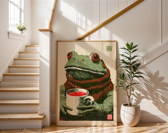 Vintage Frog Print | Detailed Ukiyo-e Frog Poster | Coffee Lover Wall Art | Toad in Sweater Illustration | Japanese Woodblock Art | Cute