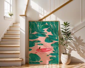 Lily Pad Boat Art | Serene River Painting | Pink and Green Wall Decor | Nature Boat Illustration | Calm Water Wall Art | Tropical Leaf