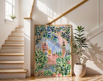 London Skyline Print | Pink Big Ben Wall Art | Impressionist Palace Poster | British Travel Decor | Colorful UK Watercolor Painting