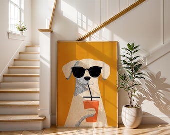 Cool White Dog Art Print | Puppy Wearing Sunglasses Poster | Orange Smoothie Illustration | Modern Pet Wall Decor | Fun Animal Graphic Gift