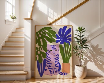 Matisse Style Cat Art | Pink Feline Poster | Colorful Botanical Wall Decor | Abstract Cat Print | Jungle Plant Illustration | Quirky Cat