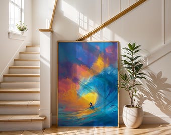 Surfer Wave Art Print | Abstract Ocean Sunset Painting | Blue Orange Coastal Decor | Surfing Wall Art | Vibrant Sea Landscape | Surfer Gift