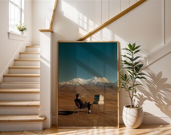 Surreal Mountain Art Print | Vintage Computer Wall Decor | Retro Futurist Poster | Man in Suit Smoke Art | Minimalist Aesthetic Photography