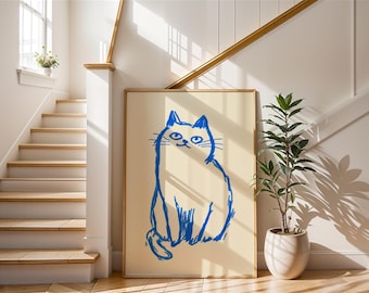 Minimalist Blue Cat Art | Quirky Crayon Kitten Poster | Simple Feline Wall Decor | Abstract Cat Sketch | Blue Line Art | Modern Nursery
