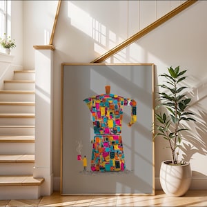 May include: A framed art print showing a vibrant, abstract representation of a coffee maker. The artwork uses a collage of colours like yellow, blue, pink, and orange. A small figure is positioned near the base of the coffee maker. The print is displayed in a bright room with a staircase.