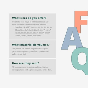 May include: An information graphic with the letters "FAQ" in orange, blue, and teal. Text on the left side answers questions about print sizes, materials, and shipping. Sizes include A5, A4, A3, A2, A1, A0, and photo sizes such as 12x16 inches (30x40cm).