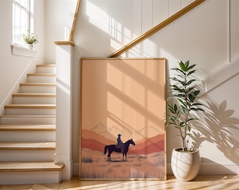 Western Cowboy Poster | Minimalist Mountain Art | Rustic Horseback Print | Desert Landscape Decor | Southwest Wall Art | Lone Rider
