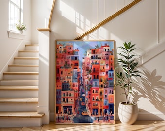 Vibrant City Street Art Print | Colorful Urban Life Poster | Modern Neighborhood Illustration | Pink & Blue Wall Decor | Travel Inspired