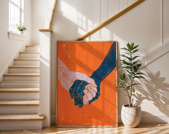 Intertwined Hands Art | Unity Woodcut Poster | Blue and Orange Wall Decor | Connection Print | Abstract Hands Illustration | Friendship Gift