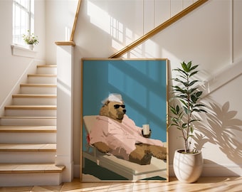 Bear in Bathrobe Art | Funny Grizzly Bear Print | Pink Robe Animal Poster | Quirky Bathroom Wall Decor | Bear with Sunglasses Art | Modern