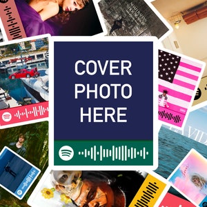Könnte beinhalten: Eine Collage von Albumcovern mit einem blauen Quadrat in der Mitte, auf dem "COVER PHOTO HERE" steht. Die Albumcover zeigen verschiedene Bilder, darunter ein Auto, eine Person, eine Flagge und einen Strand.