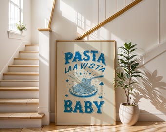 Pasta La Vista Baby Print | Vintage Blue Spaghetti Poster | Funny Kitchen Wall Art | Retro Italian Food Decor | Humorous Foodie Gift