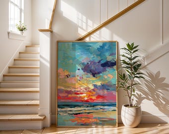 Sunset Over the Sea Art Print | Ocean Wave Oil Painting | Abstract Coastal Wall Decor | Vibrant Impasto Poster | Modern Beach House Decor