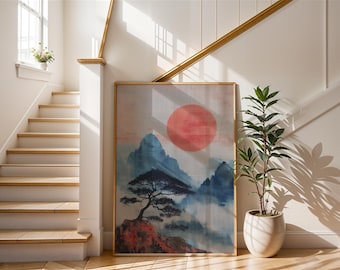 Japanese Mountain Art Print | Wabi Sabi Landscape with Red Sun | Zen Wall Decor | Minimalist Asian Nature Poster | Gift Idea | Bedroom Art