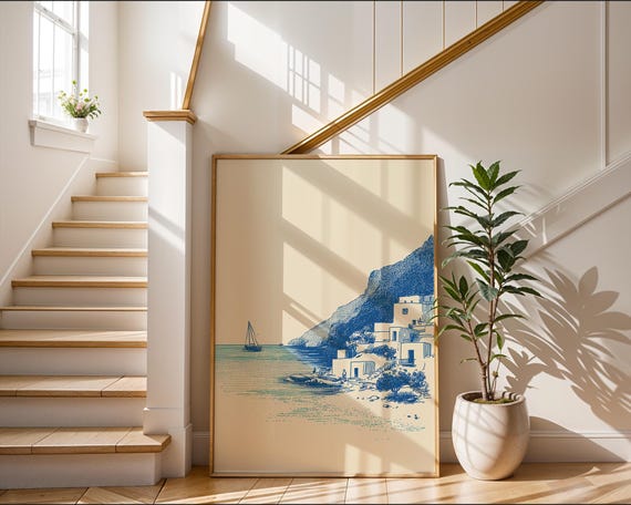 Mediterranean Sketch | Coastal Village Poster | Blue White Nautical Art | Greek Island Wall Decor | Seaside Landscape Print | Travel Gift