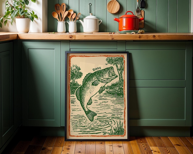 Vintage Bass Fishing Art Print | Retro Woodcut Style Fisherman Gift ...