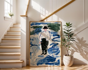 Impressionist Fly Fishing Art | Abstract Fisherman Poster | Blue River Landscape | Fishing Wall Decor | Painterly Outdoor Art | Fisherman