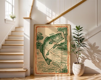Vintage Bass Fishing Art Print | Retro Woodcut Style Fisherman Gift | Rustic Cabin or Lake House Wall Decor | Outdoors Nature Poster