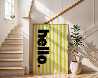 Hello Art Print | Lime Green Striped Wall Decor | Minimalist Typography Poster | Modern Entryway Greeting | Bold Scandi Nursery Art
