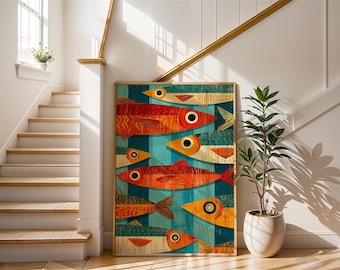 Mid-Century Fish Art | Sardine Cluster Poster | Retro Nautical Wall Decor | Colourful Fish Illustration | Modern Coastal Kitchen Art | Gift