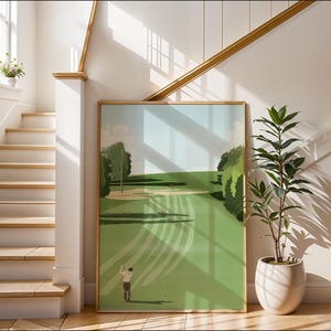 Golf Swing Art Print | Vintage Sports Poster for Him | Minimalist Golf Course Landscape | Modern Man Cave or Office Wall Decor