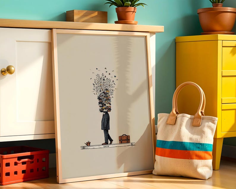 Puede incluir: Impresi&oacute;n art&iacute;stica enmarcada con una ilustraci&oacute;n surrealista de una persona con una pila de libros en lugar de cabeza, caminando sobre una l&iacute;nea. La obra de arte incluye una peque&ntilde;a regadera, un malet&iacute;n y la palabra "GROW". Una bolsa de lona con rayas azules y naranjas est&aacute; en primer plano.