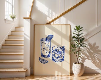 Blue Cocktails Sketch Art Print | Minimalist Bar Cart Decor | Gin & Tonic and Old Fashioned Illustration | Risograph Style Kitchen Art