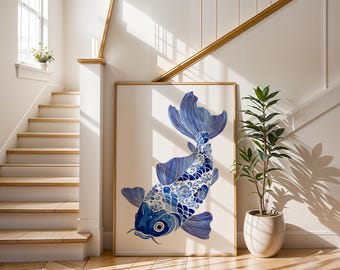 Blue and White Koi Art | Chinoiserie Fish Print | Traditional Chinese Decor | Watercolor Koi Poster | Blue Porcelain Style Wall Art | Zen