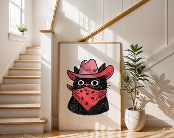 Cowboy Cat Art Print | Pink Western Kitten Poster | Retro Outlaw Cat Wall Decor | Black Cat Bandana Art | Quirky Nursery Decor | Cat Lover