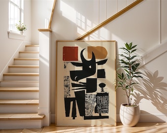 Abstract Bull Art Print | Mid-Century Modern Geometric Poster | Minimalist Taurus Wall Decor | Rustic Linocut Style Illustration | Bull Gift