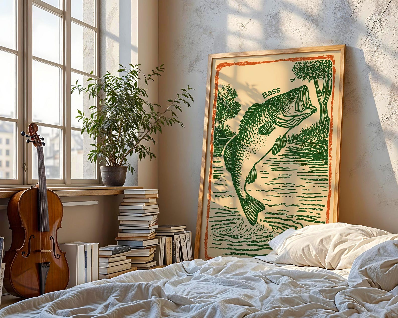 Vintage Bass Fishing Art Print | Retro Woodcut Style Fisherman Gift ...