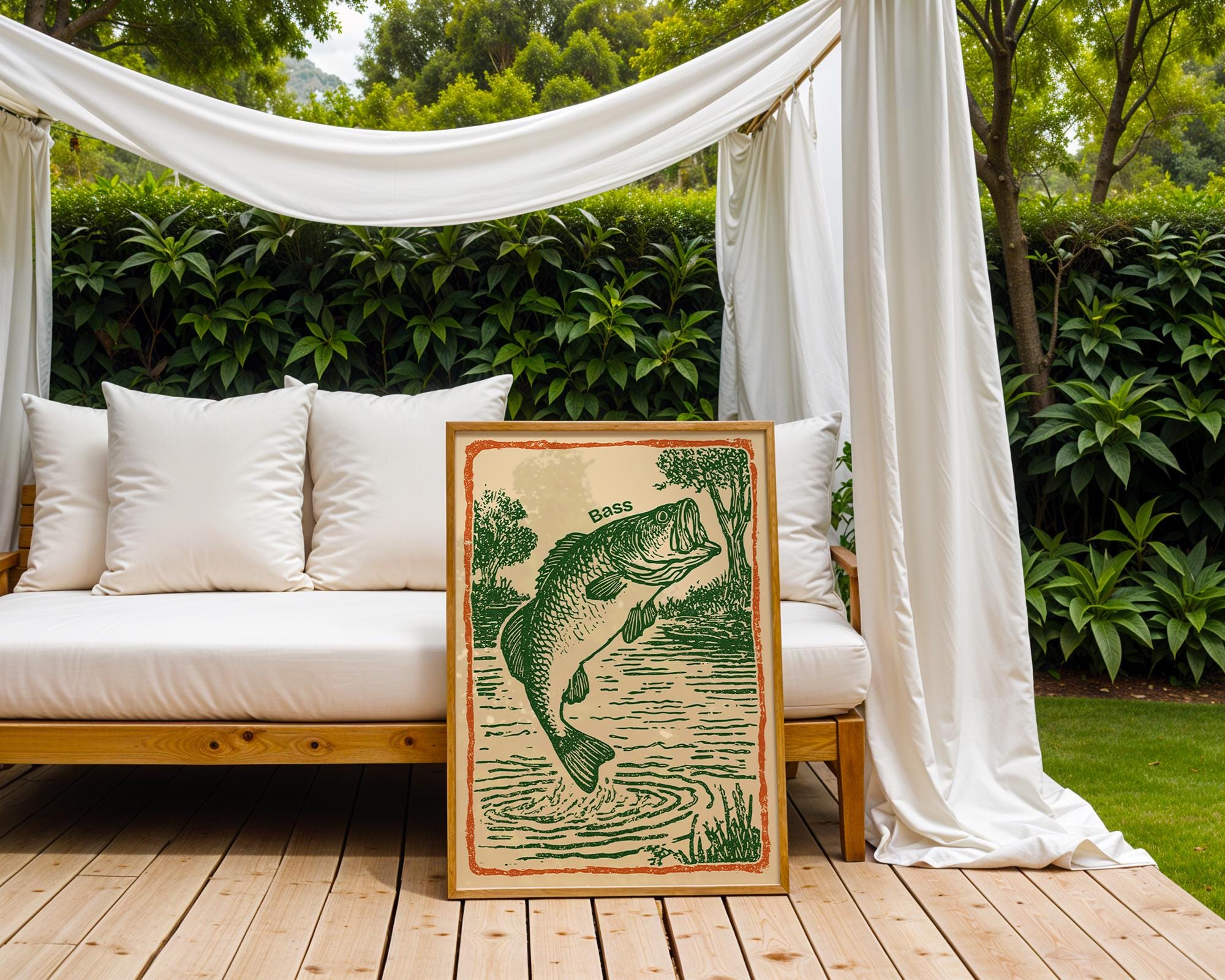 Vintage Bass Fishing Art Print | Retro Woodcut Style Fisherman Gift ...