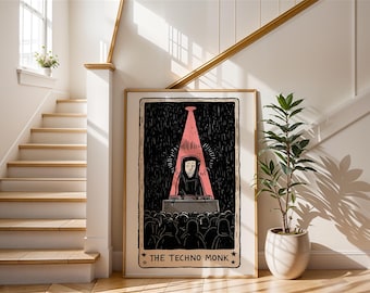 The Techno Monk Art | DJ Tarot Card Poster | Funny Music Wall Decor | Techno Music Poster | Quirky DJ Illustration | Music Producer Gift