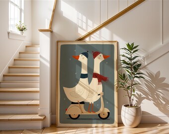Geese on Scooter Art | Cute White Goose Poster | Whimsical Winter Wall Decor | Animal Scarf Illustration | Retro Moped Print | Nursery Gift