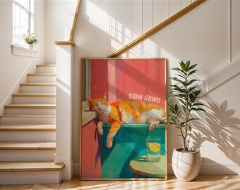 Cat "Slow Down" Art Print | Orange Tabby Oil Painting Style Poster | Cozy Home Decor | Colourful Mid-Century Modern Feline Art
