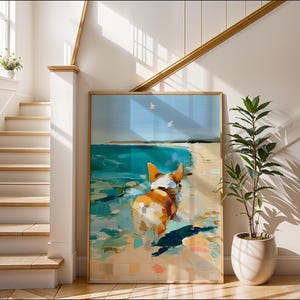 Corgi-strandschilderij | Impressionistische hond kunstafdruk | Muurdecoratie oceaan met textuur | Leuke poster met Corgi-kont | Strandhuiscadeau | Zomerhondenkunst