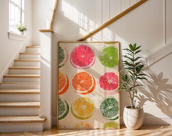 Vintage Citrus Fruit Slice Art Print | Colorful Kitchen Wall Decor | Block Print Fruit Pattern Poster | Summer Home Decor Illustration