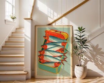 Retro Sardine Tin Art | Vintage Food Poster | Colourful Kitchen Wall Decor | Mid-Century Fish Art | Sardines in a Can Print | Kitchen Decor