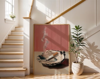 Oyster Shell Ashtray Art Print | Surreal Cigarette Painting | Modern Pink Wall Decor | Eclectic Home Decor Poster | Painterly Still Life