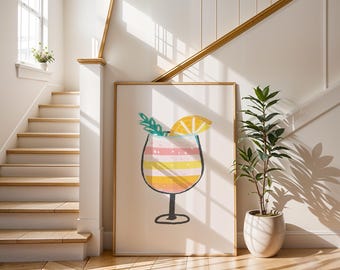 Summer Cocktail Print | Tropical Drink Art Poster | Colorful Bar Cart Decor | Kitchen Wall Art | Pink and Orange Drink Illustration | Gift